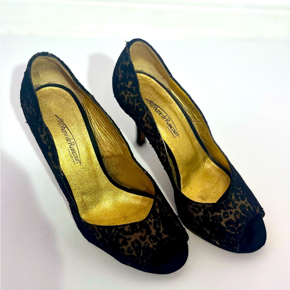Vintage Stephane de Raucourt classy kitten heels Jaguar print leather&lace